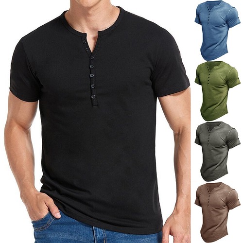 Tシャツ・カットソー IONSEOUL Wood Button Henley Sweatshirt JE592 Men's Slim Fit Henley Shirt Short Sleeve Button Up Muscle