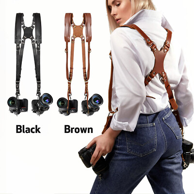 Leather Dual Camera Strap Harness QR Multi Gear Camera Shoulder Adjustable Belt
