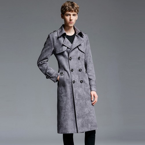 Mens Double Breasted Suede Leather Long Jacket Trench Coat