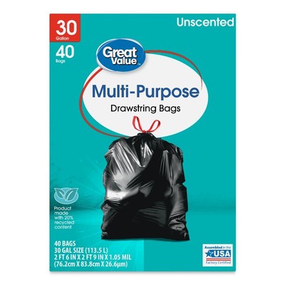 Great Value 30-Gallon Drawstring Multi-Purpose Trash Bags 40 Bags Home