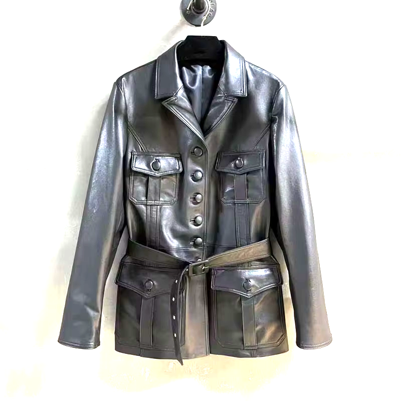 Women's Short Belted Trench Coat Black Leather Button Up Jacket Trendy Outerwear