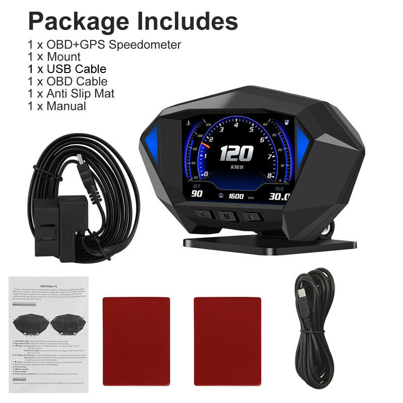 OBD2+GPS Smart Car Speedometer HUD Gauge Head Up Display RPM Water Oil Temp Time