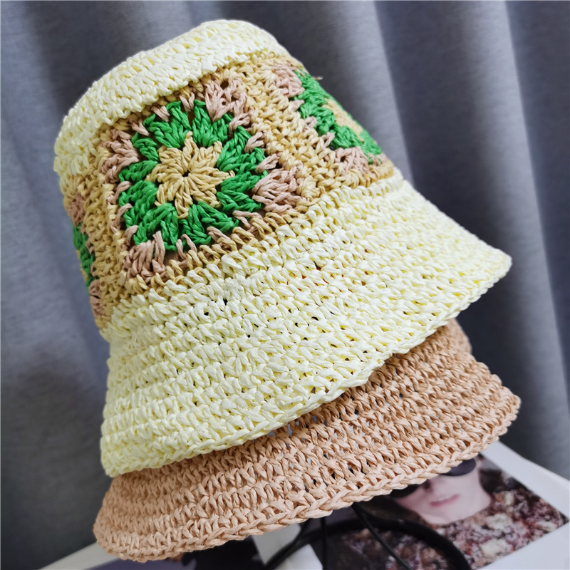 Donna Ragazze Uncinetto Cappello da Pescatore Sole Floppy Largo Falda Paglia