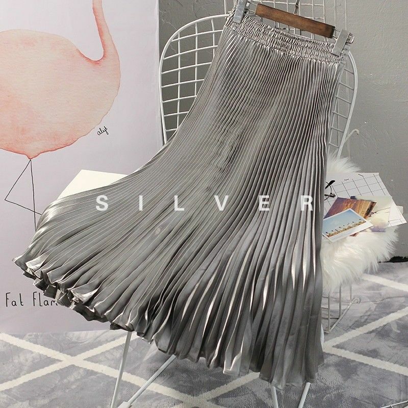 women-metallics-pleated-skirt-midi-satin-flared-dress-vintage-elastic-high-waist