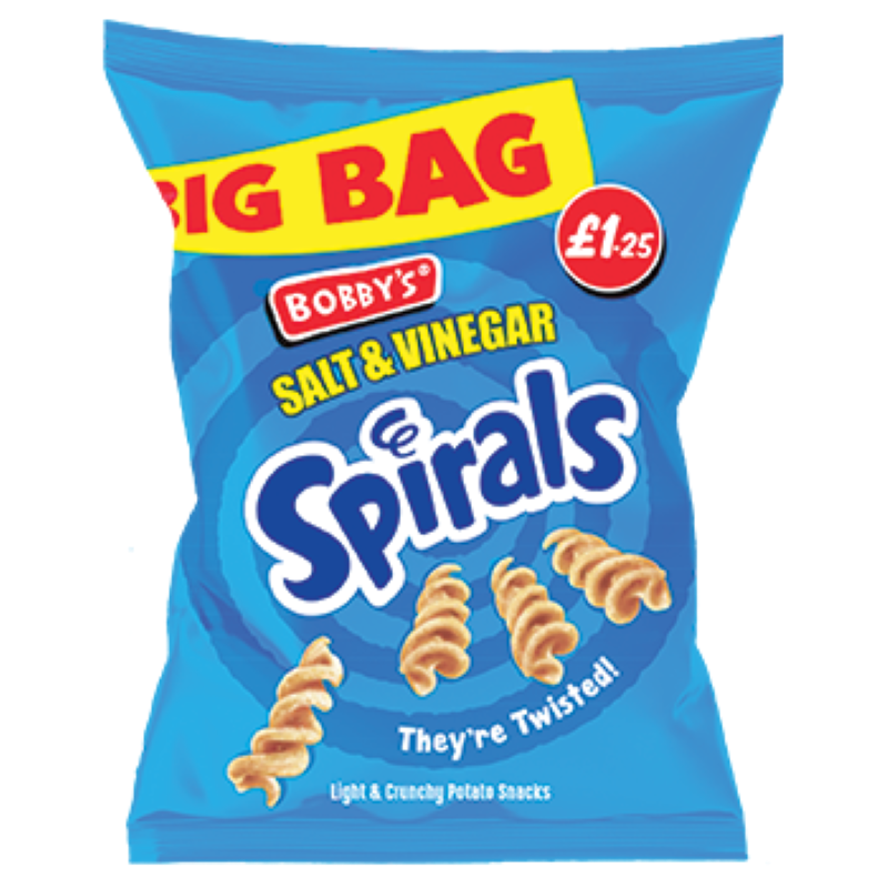 Bobby's Spirals Salt and Vinegar Crisps Full Box Of 15 Packets at 63g Each Pack