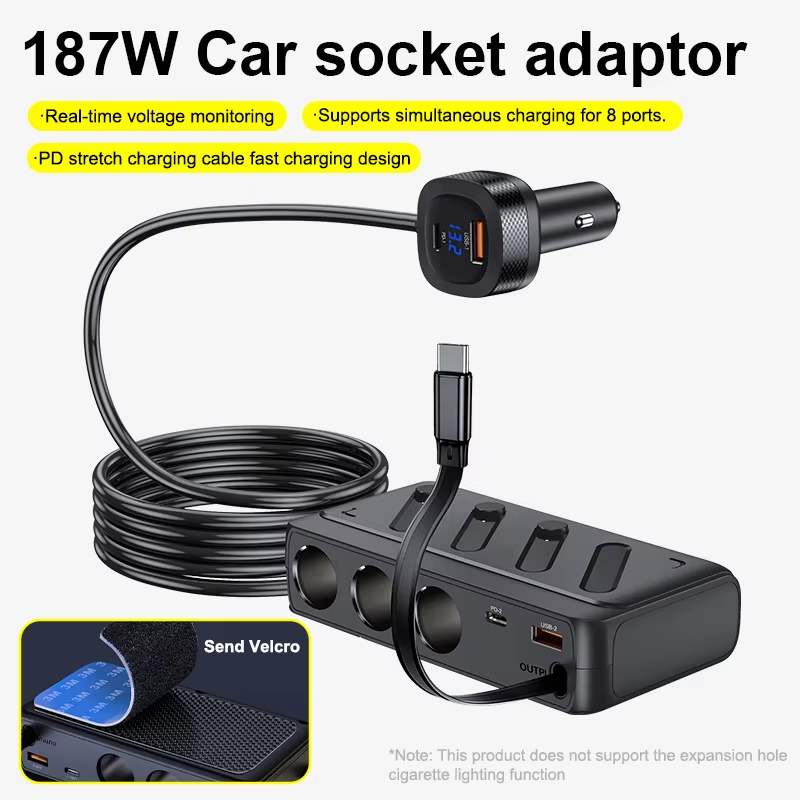 187W Cigarette Lighter Adapter 8 in 1 Cigarette Lighter Splitter 3 Socket Car C