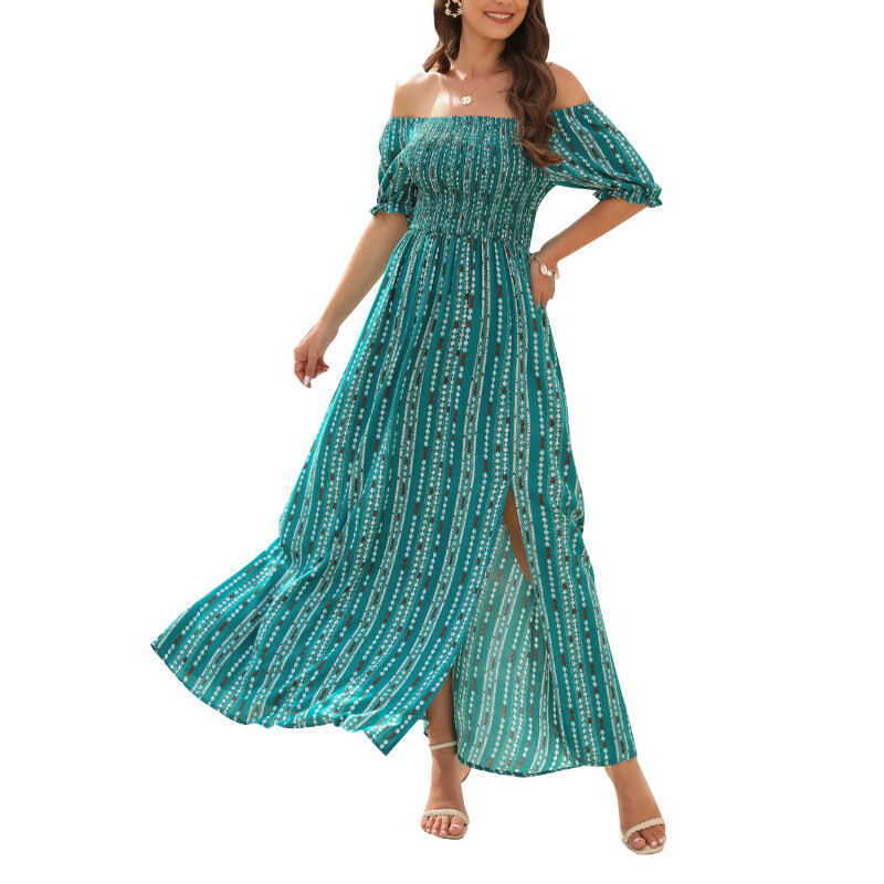 Women Boho Striped Print Off Shoulder Dress Sexy Split Long A Line Beach