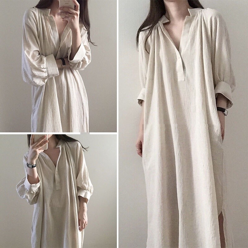 Women Loose Long Shirt Blouse Dress Vintage Casual Cotton V-neck Oversized Retro