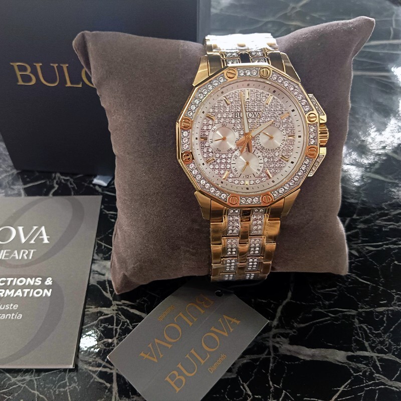 Pre-owned Bulova 98c126 Men's Crystal Octava Quartz Watch Silver Gold Dial 41.5mm