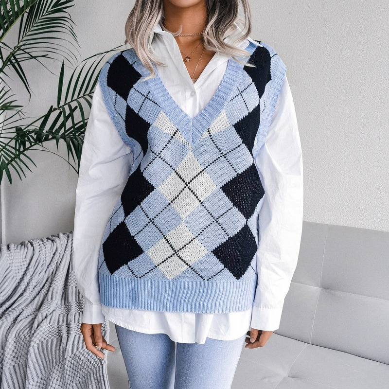Damen Ärmellose Strick Weste Pullover Jumper Locker Tank Top Argyle Diamant