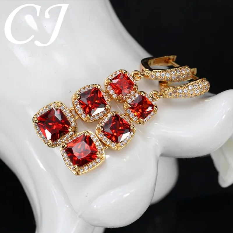 CANDICE Luxury Yellow Gold Plated Drop Earrings Jewelry Square Ruby Red Cubic Zircon Stones Long Earring for Women