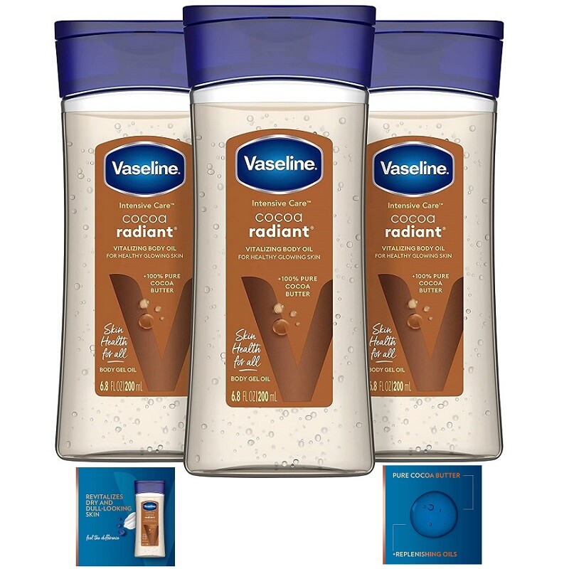 VASELINE INTENSIVE CARE Cocoa Radiant Body Gel Oil Growing Skin 6.8oz , Pak of 3