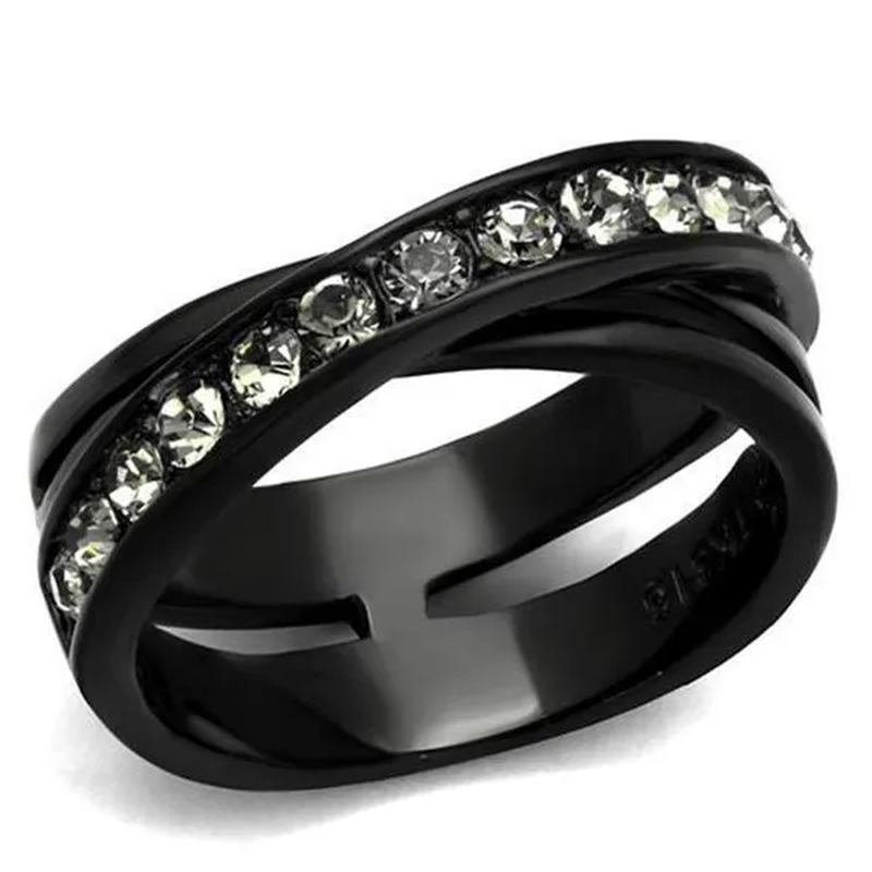 Women IP Black Stainless Steel Ring with Top Grade Crystal in Black Diamond - Size 8