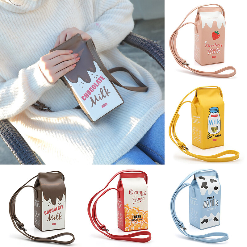Women Kawaii Milk Box Carton Purse Portable Handbag Girls Crossbody