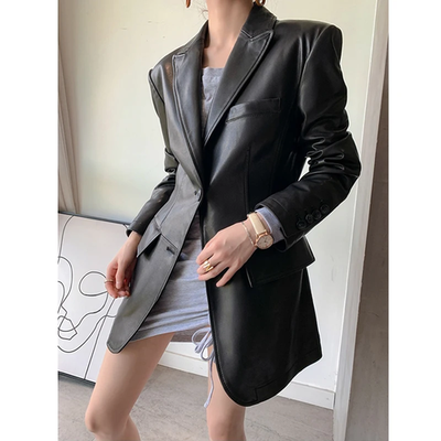Damen Lammfell Leder Blazer Blazer Schwarz Oversized Lange Knopf Jacke Größe L