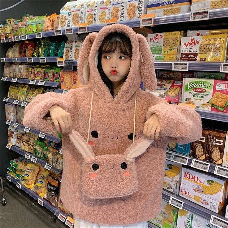 Girl Fleece Faux Fur Hoodies Hooded Tops Coat Pullover Tops Cute Rabbit Ear Warm