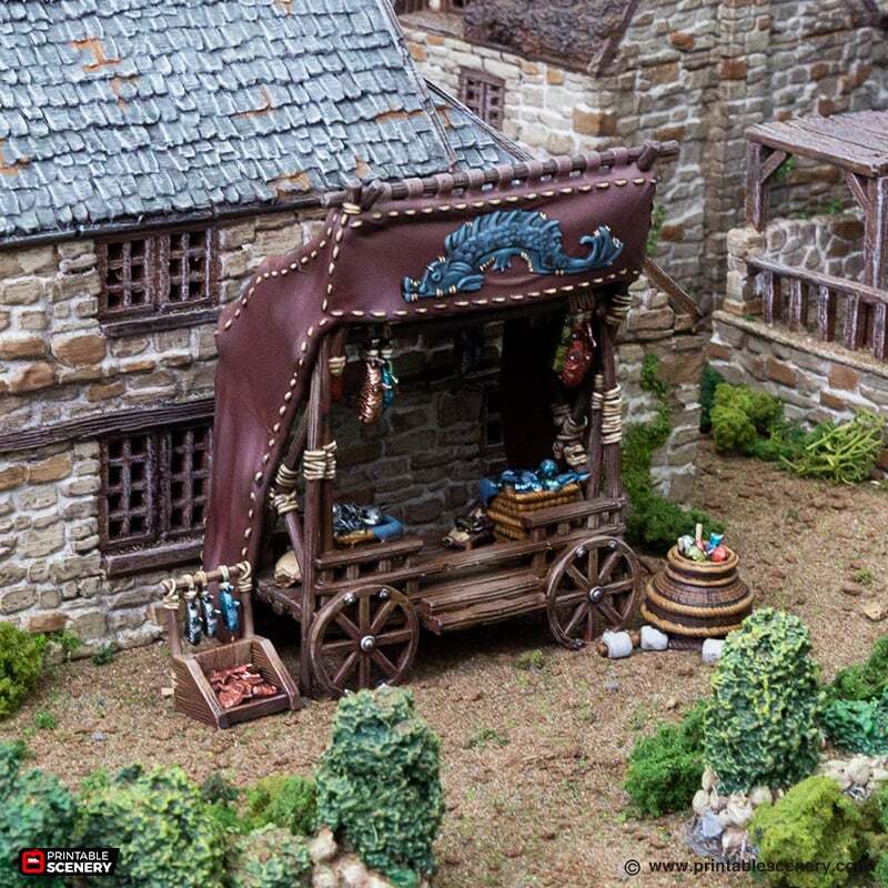 Fish Market Stall for Medieval Village, 28mm Gaming Terrain Props Scenery