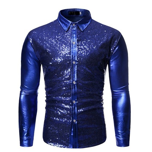 Homme Chemise en Cuir verni Manches Longue Chemise Discothèque Hip Hop Hauts