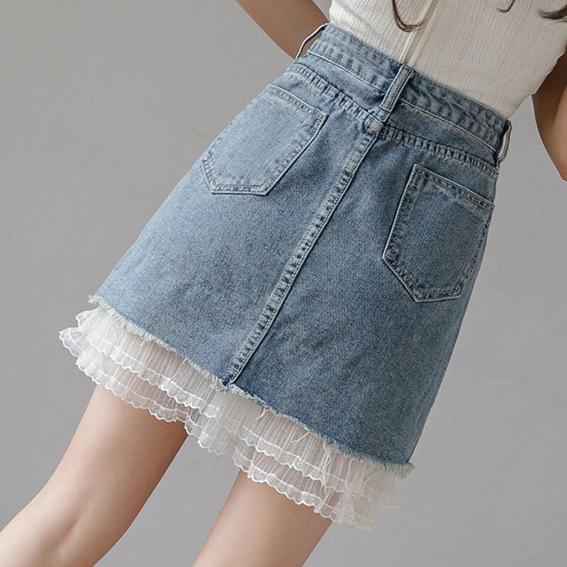 Lady Short Skirts Denim Jean Mesh Splice A-line Button Casual Preppy Summer Cute