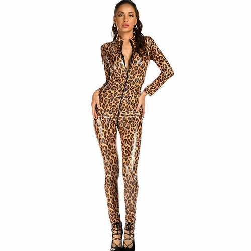 Women Wetlook Leopard Print Leather Catsuit Bodysuit 2-Way Zipper Shiny Jumpsuit