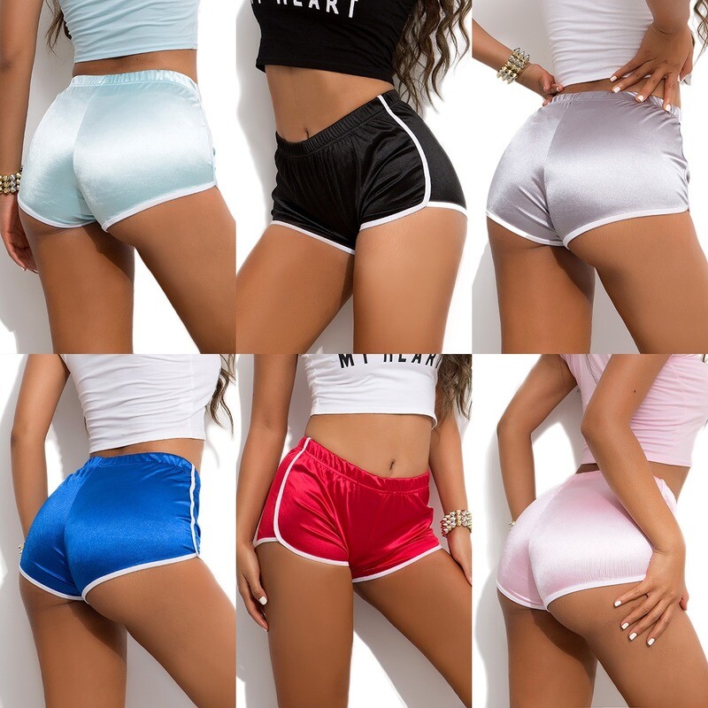 Women Shorts Faux Silk Sports Gym Workout Club Yoga Hot Pants Elastic Waist
