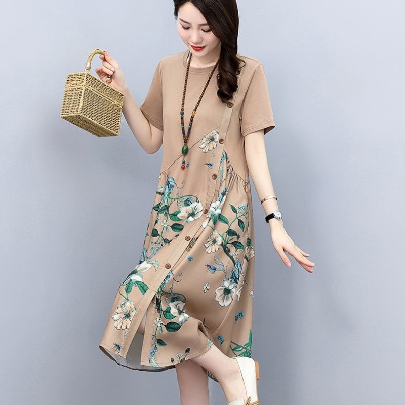 Short Sleeve A-Line Dress for Women Midi Round Neck Floral Summer Casual Fashion