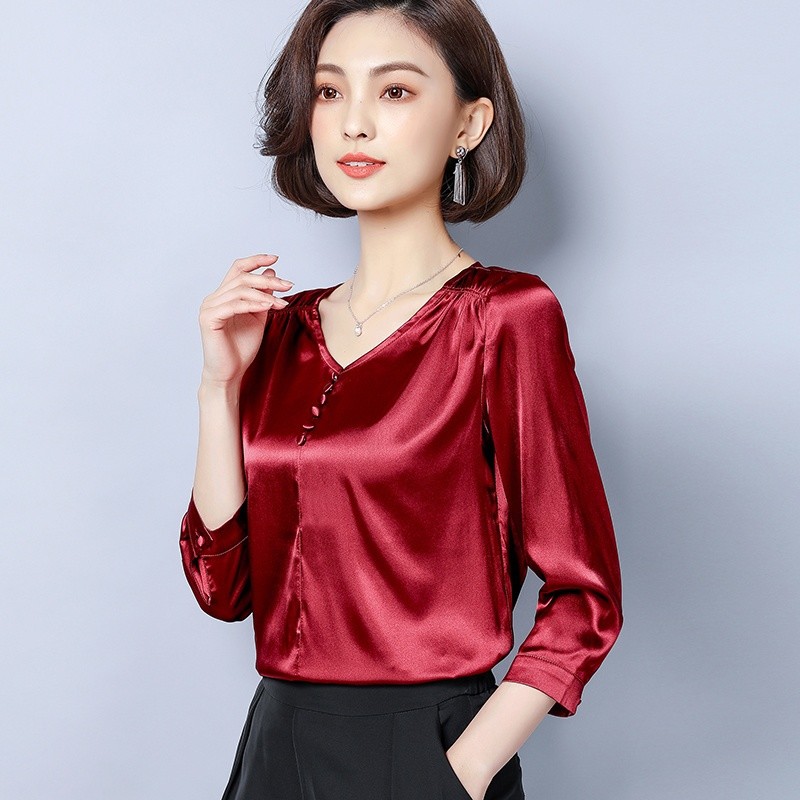 Lady Satin Faux Silk Shirts Tops Blouse V Neck Shiny Plain Pullover Soft Elegant