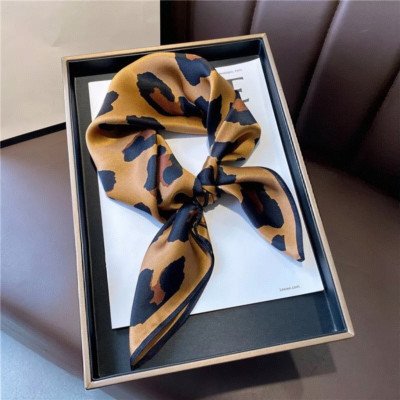 100% Mulberry Silk 27'' Scarf Women Brown Leopard Print Kerchief Square Bandana