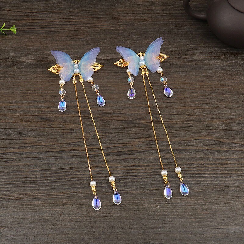 Lady Girl Chinese Hanfu Tassel Hairpin Butterfly Step Shake Hair Clip Headwear