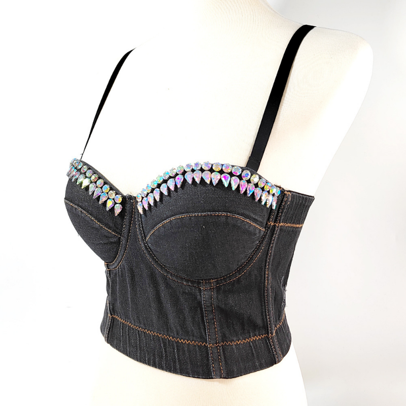 Damen Strass Jeans Bustier Bauchfreies Top Push Up Bh Unterhemd Verstellbar Band