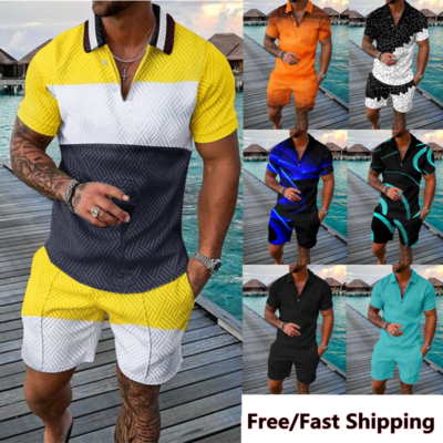 Hot Summer Mens Outfit 2-Piece Set Short Sleeve Shirts and Shorts Sweatsuit  Set