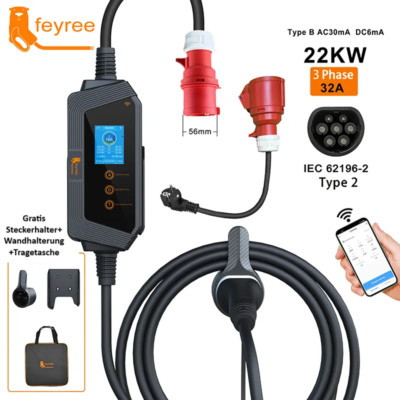 FEYREE Starkstrom mobile Wallbox Ladestation 22kW W-Lan/Bluetooth 32A Typ2 5m