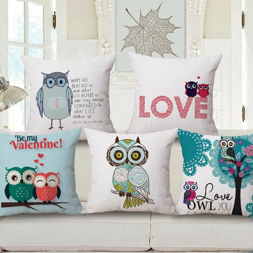 18in Cute Owl Cotton Linen Throw Pillow Case Sofa Cushion Cover Home Decoration