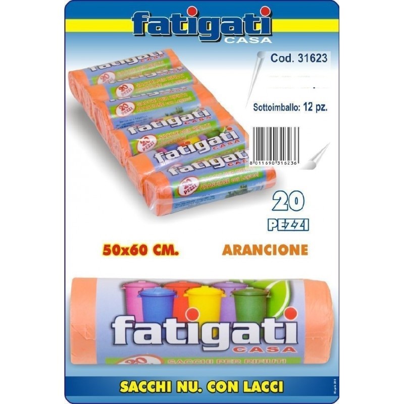 Set 12 Confezioni Di 20 Sacchi Rifiuti Spazzatura Con Legacci 50x60cm Aranci dfh