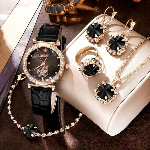 Reloj mujer negro 6 piezas cuarzo diamantes imitación estrellas regalo joyería