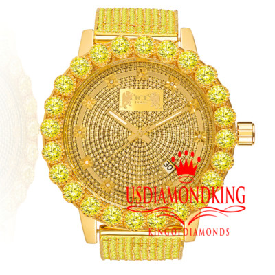 Pre-owned Khronos Canary Real Diamonds Mens Stainless Steel Gold Tone Custom Band Watch Solitaire