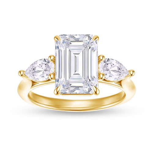 2.54 Ct Emerald Cut Diamond Three Stone Engagement Ring 14K YG Lab Grown