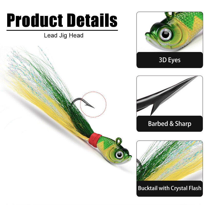 5 Pack Saltwater Bucktail Jigs Head Striper Fluke Bass Teaser Fishing Lure Bait