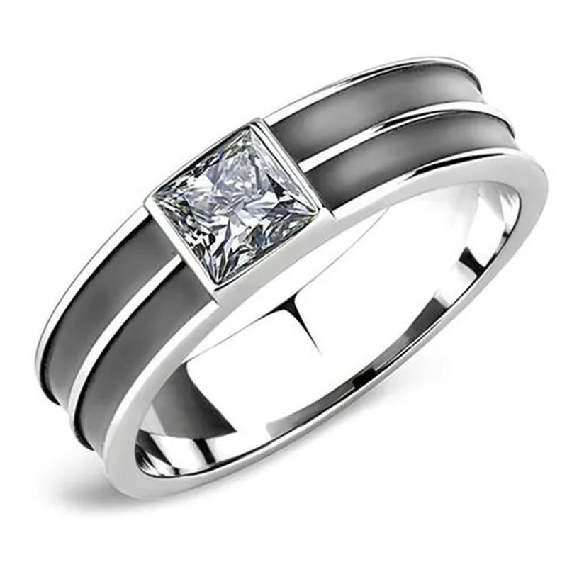 Men High Polished Stainless Steel Ring with Top Grade Crystal in Black Diamond - Size 12