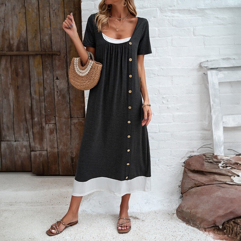 Women Scoop Neck Loose Midi Dress Short Sleeve Casual Button Side Swing New