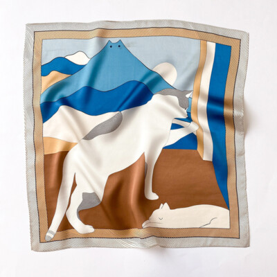 100% Silk Small Scarf Women Fashion Cats Print Square Bandana Tie Band 53*53cm
