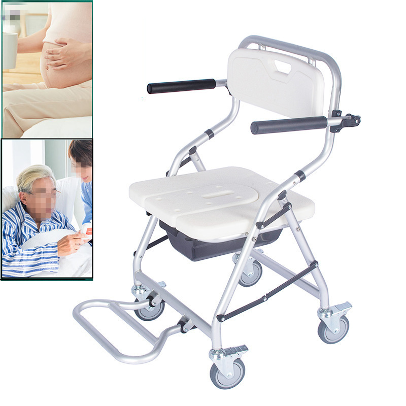 Foldable Mobile Shower Toilet Wheel Chair w/ Backrest Safety Seat Elder Disabled