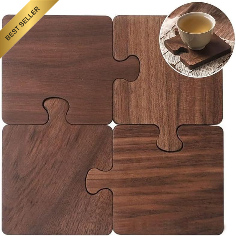 Puzzle Design Drink Coasters, Acacia Wood, Set of 4, Decorative Table Protection