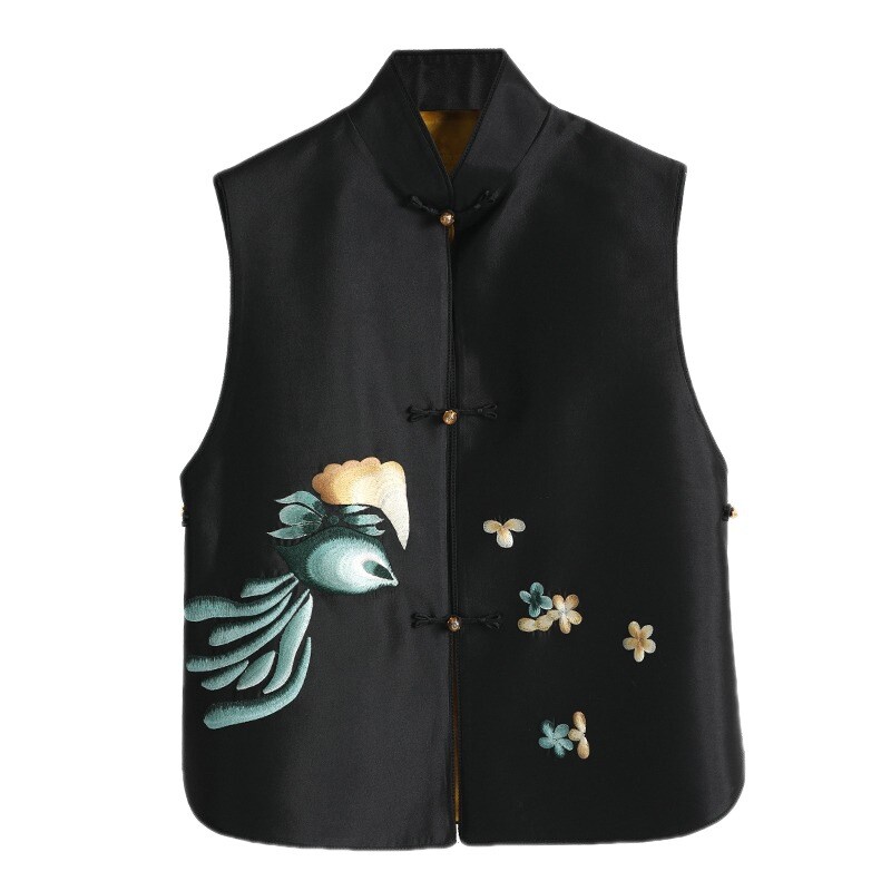 Top Senza Maniche In Seta Finta Ricamata Per Donne Gilet Con Bottoni Frog