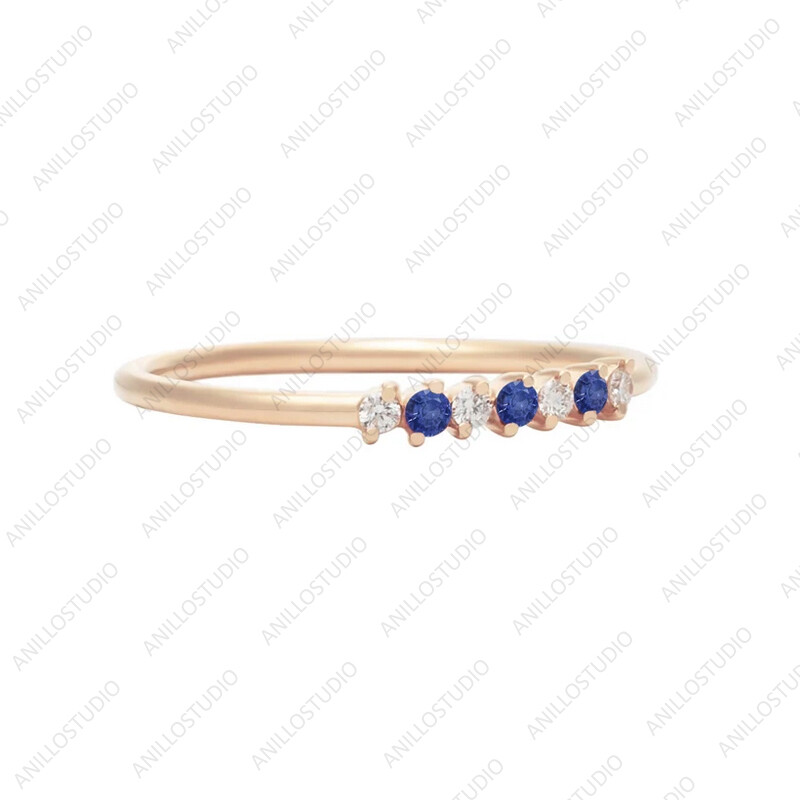 Pre-owned Handmade 14k Yellow Gold Natural Blue Sapphire Band Trio Sapphire, Dainty Ring Size 7