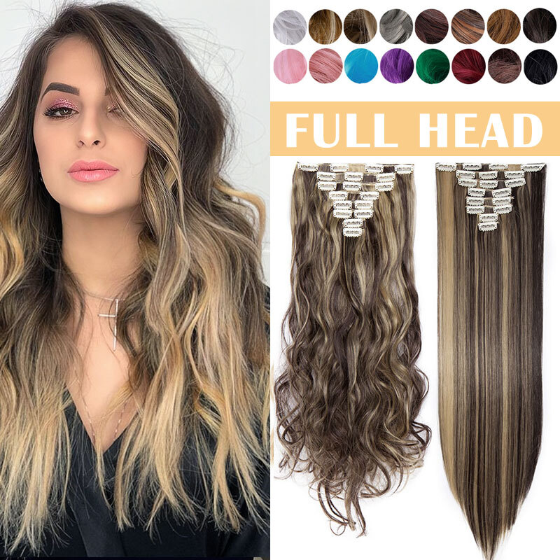 100% Natural Thick Clip in Hair Extensions 8 Pieces Full Head Long As Human Hair