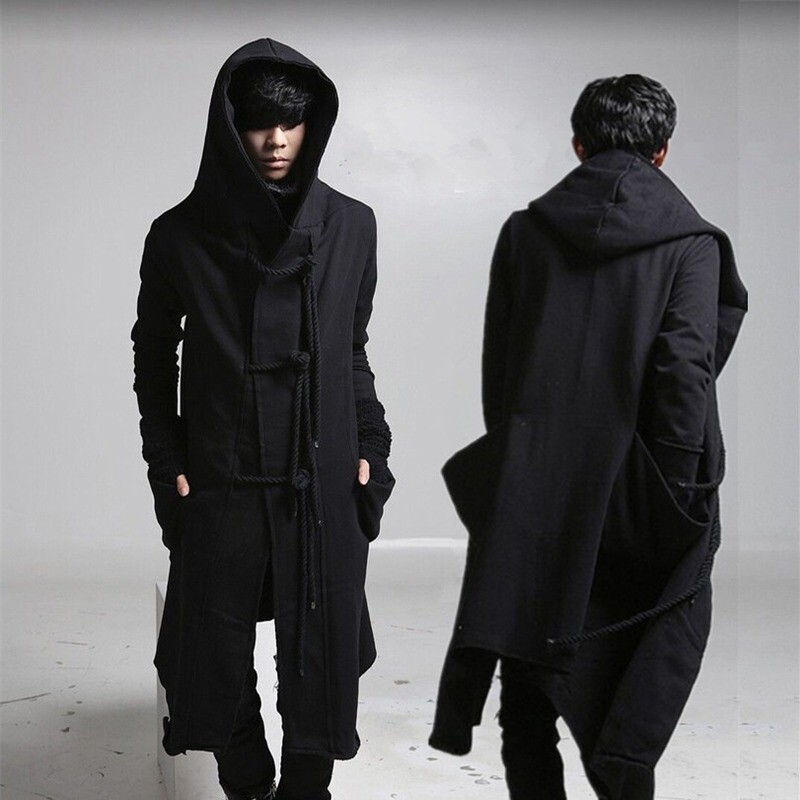 Men Punk Hooded Cloak Cape Trench Coat Loose Cardigan Gothic Outwear Jacket