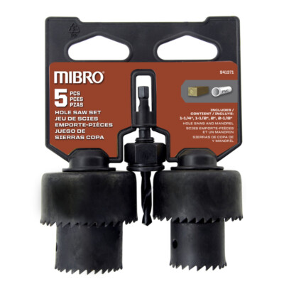 Mibro Carbon Steel Hole Saw Set.  1-1/4 in  1-1/4 in  2 in.  2-1/8 in. & Mandrel