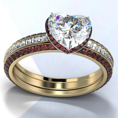 Heart Cut Cubic Zirconia Wedding Jewelry 18k Yellow Gold Plated Rings Size 6-10