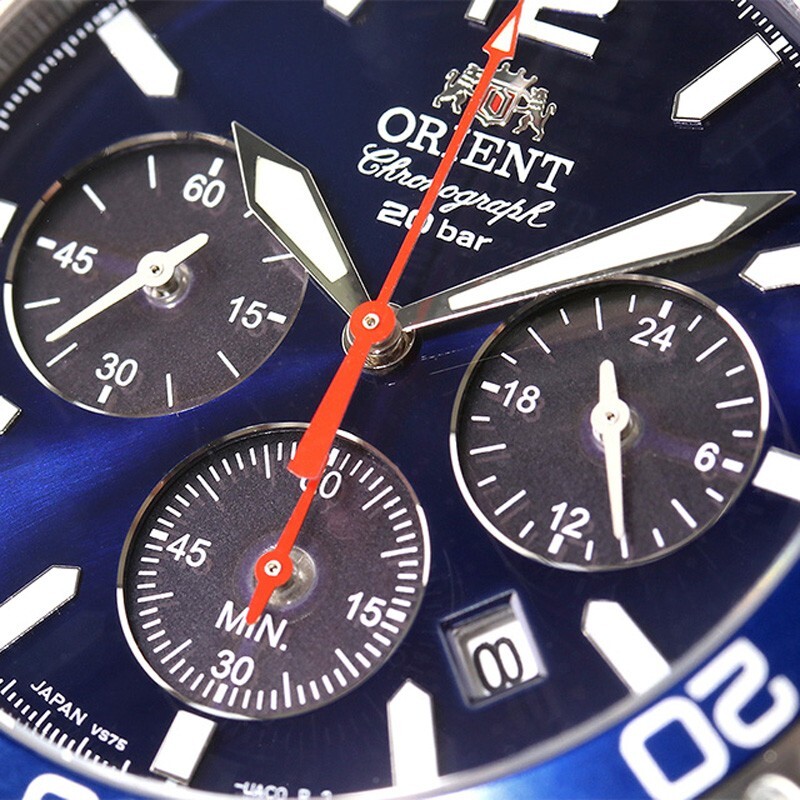 Pre-owned Orient Mako Rn-tx0201l Panda Blue Dial Solar Analog Chronograph Men Watch
